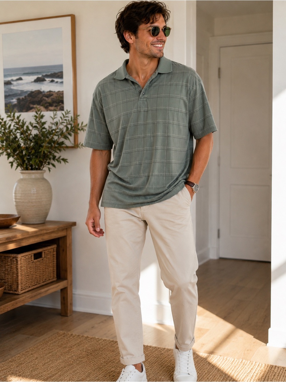 Dockers Men's golf Sage Green Windowpane Polo
